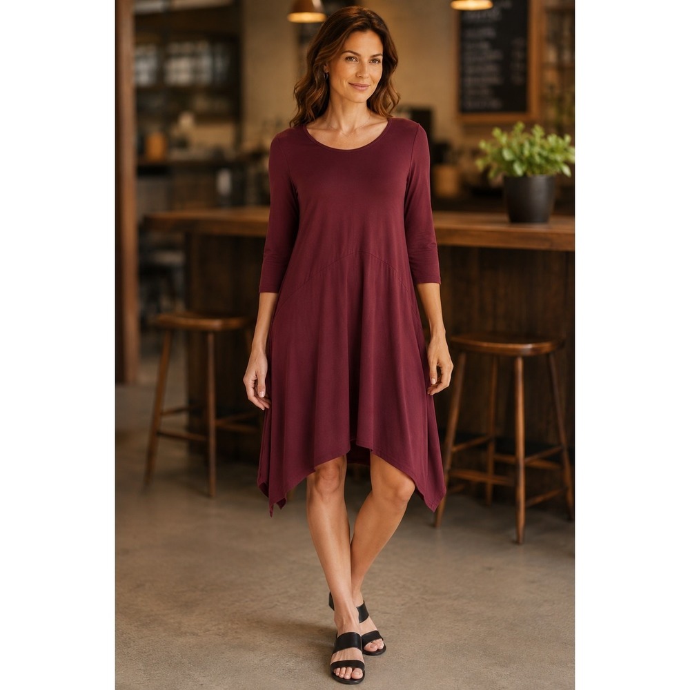 Eileen Fisher Burgundy Viscose Jersey Handkerchief Hem Tunic Dress XL F5VFF
